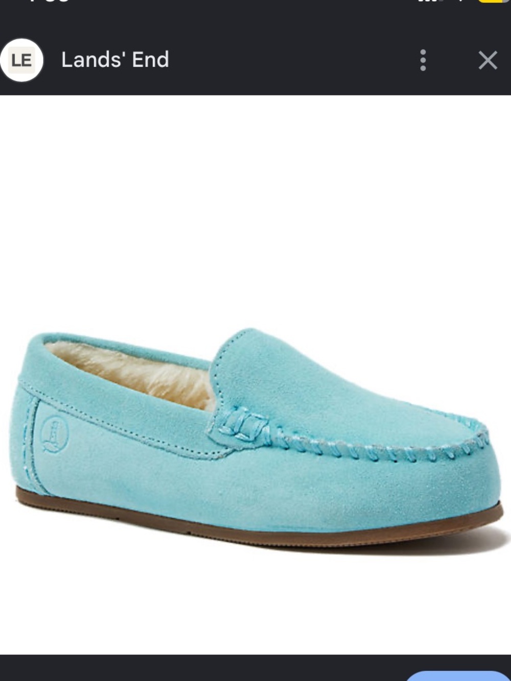 Land’s End Suede , Faux Fur  Lined Slipper Moccasins, Aqua Ice , size 9